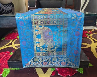 Blue Brocade Silk Table Runner 16x60 Inch, Gold Elephant Table Runner, Indian Table Decor, Boho Table Runner, Wedding & Festive Decor