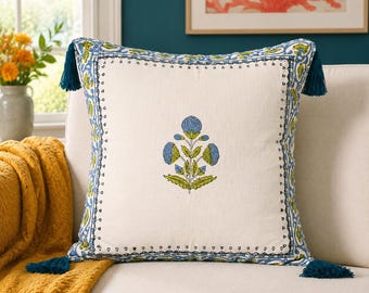Blue Lime Floral Cushion Cover Cotton Tassel Pillow Case Boho Sofa Decor 40x40 cm 45x45 cm