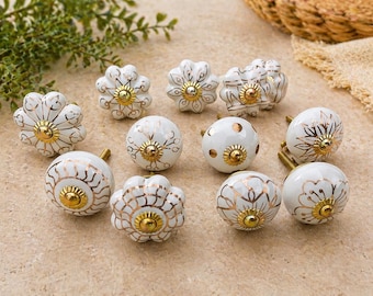 White Gold Floral Ceramic Cabinet Knobs Decorative Drawer Pulls Furniture Hardware Jewelry Box Vanity Dresser Pantry Office Decor