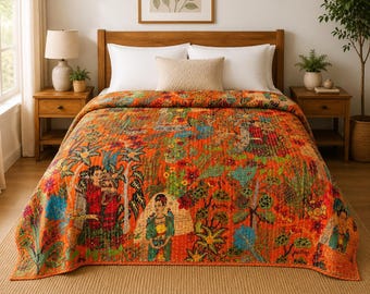Handcrafted Orange Cotton Coverlet with Folk Art Print, Lightweight Indian Quilt, Reversible Bed Cover, Artisan Bedroom Twin Queen Bedding