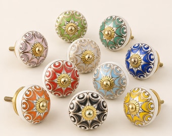 Assorted Ceramic Drawer Knobs Set, Multicolor Round Cabinet Handles, Decorative Cupboard Pulls with Gold Tone Hardware, Furniture Decor
