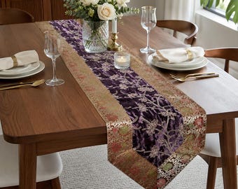 Luxury Brocade Silk Table Runner Purple Floral Embroidered Gold Border Dining Table Runner Elegant Wedding Holiday Farmhouse Home Decor