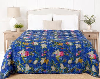Blue Floral Cotton Kantha Quilt Queen And Twin Size Throw Blanket, Handmade Indian Reversible Bedspread, Boho Bedding Decor For Living Room