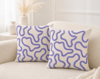 Lavender Tufted Cushion Cover, Purple Wavy Line Throw Pillow Case, Textured Modern Sofa Decor, Ivory Accent Pillow for Bedroom Living Room