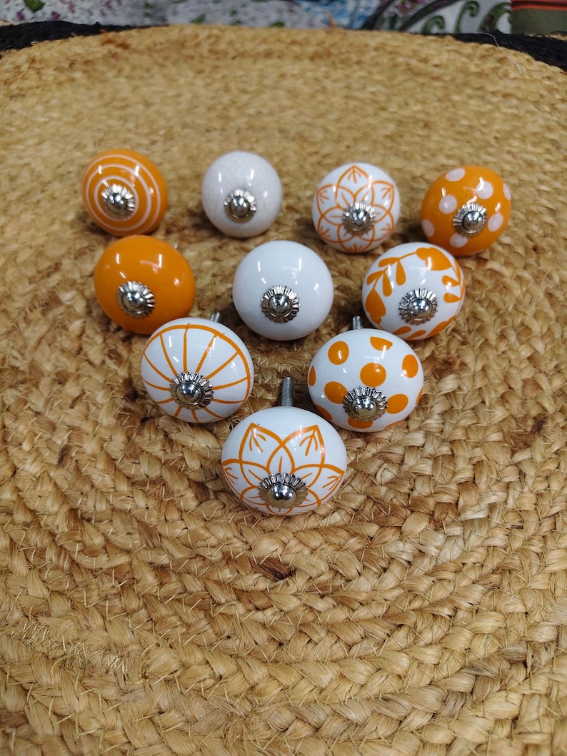 Assorted Orange Ceramic Drawer Knobs, Handmade Cabinet Knobs, Decorative Dresser Pulls, Cupboard Door Handles, Furniture Knobs set of 10 image 6
