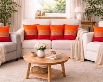 Indian Silk Cushion Covers Set Of 5 Orange Red Gold Border Traditional Ethnic Boho Sofa Pillow range Throw Pillow Covers Ethnic Boho