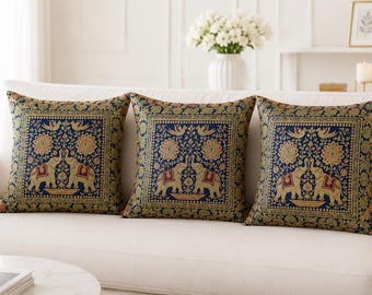 Kussensloop van brokaatzijde, set van 3, olifant kussenslopen 16 x 16, marineblauw gouden kussens, luxe Indiase woondecoratie