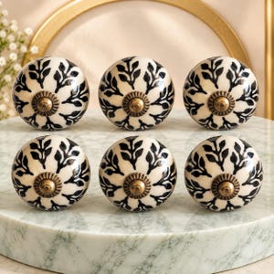Ceramic Cabinet Knobs Set of 6, Black Leaf Drawer Pulls, Ivory Botanical Dresser Handles, Antique Brass Cupboard Furniture Hardware