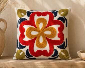 Tufted Floral Cushion Cover Red Mustard Navy Cotton Pillow Case Boho Sofa Bedroom Decor Textured Square 40x40 45x45 cm Home Accent