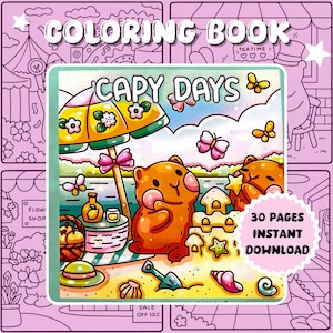 Capy Days Cute & Kawaii Coloring Book, pages à colorier numériques mignonnes et confortables, 30 pages, téléchargement immédiat, relax