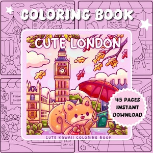 Cute London Cute & Kawaii Coloring Book, pages à colorier numériques mignonnes et confortables, 45 pages, téléchargement immédiat, relax