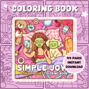 シンプルジョイズ ストレス解消ぬり絵ブック、かわいくて心地よいデジタルぬり絵ページ、44ページ、すぐにダウンロード、リラックス禅