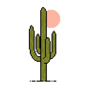 May include: Pixelated illustration of a green cactus with a pink sun in the background. The cactus has a tall, central stem with multiple arms. The design is simple and graphic, set against a white background.