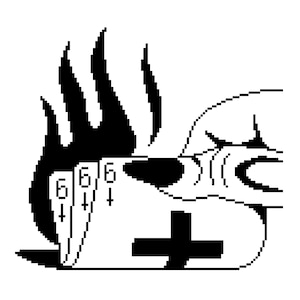 Könnte beinhalten: Schwarzweiß-Illustration eines brennenden Buches mit der Zahl 666 auf dem Einband und einem Kreuz an der Seite.