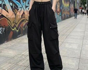 Womens Cargo Jogger Pants High Waist, Relaxed Fit Streetwear Trousers, Casual Pocket Pants, Adjustable Waist Sweatpants
