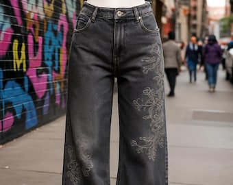 Broderade Y2K-jeans med lös passform | Vintage high street-jeans med vida ben | Retro hiphop-unisexbyxor | Casual streetwear-mode