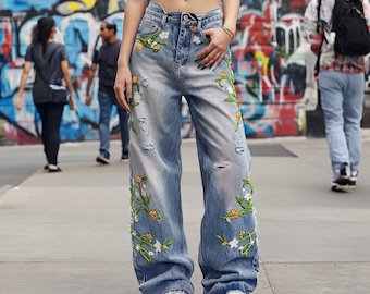 High Waist Wide Leg Vintage Denim Jeans with Floral Embroidery and Minimalist Baggy Aesthetic for Women’s Street Style and Casual Outfits