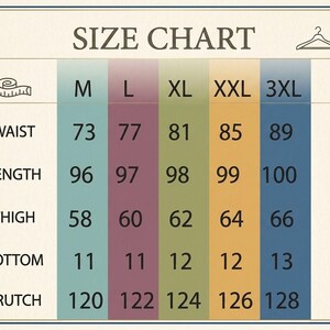 May include: A size chart with measurements for waist, length, thigh, bottom, and crotch in centimeters. Sizes range from M to 3XL. The chart includes a measuring tape icon and a hanger icon.