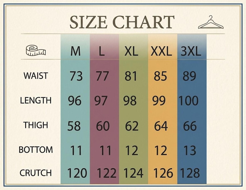 May include: A size chart with measurements for waist, length, thigh, bottom, and crotch in centimeters. Sizes range from M to 3XL. The chart includes a measuring tape icon and a hanger icon.