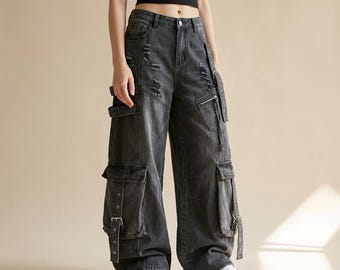 Y2K Baggy Cargo Jeans, Wide Leg Denim Pants, Grunge Streetwear Jeans, Multi Pocket Oversized Trousers, Vintage Loose Fit