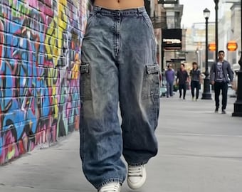 Y2K-jeans med vida ben, baggy jeans, streetwear-jeans med hög midja, vintage harajuku gotiska byxor, unisex hiphop-byxor
