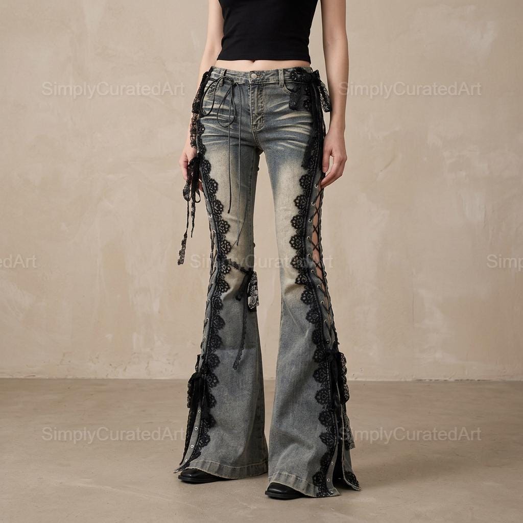 パンツ 00s bootscut flare denim pants y2k swag Lace up Flare Jeans Women | Y2K Bell Bottom Denim Pants | Low Rise