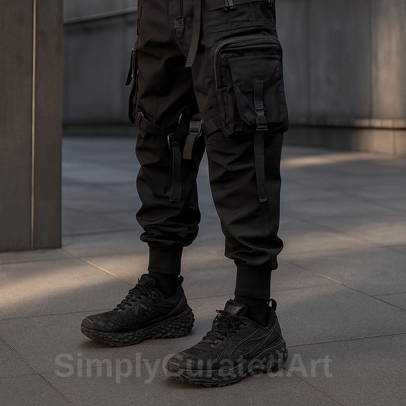 May include: Black cargo pants with multiple pockets and straps, paired with black sneakers. The pants have a modern, utilitarian design. The image includes the text "Simply Curated Art".