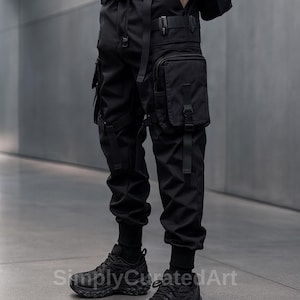 May include: Black cargo pants with multiple pockets and straps. The pants have a fitted ankle and a belt with a buckle. The pants are worn with black sneakers. The image has the text "SimplyCuratedArt" at the bottom.