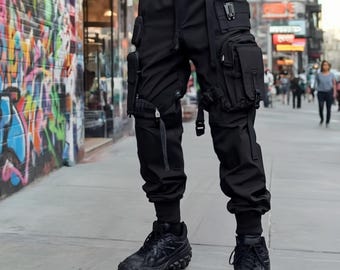 Men’s Techwear Cargo Pants with Multi Pockets | Ribbon Strap Tactical Joggers | Harajuku Punk Hip Hop Streetwear Pants for Casual Outfits