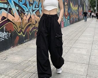 Damen Cargo Jogger Hose mit hoher Taille, Streetwear Hose mit entspannter Passform, lässige Taschenhose, verstellbare Taille Jogginghose