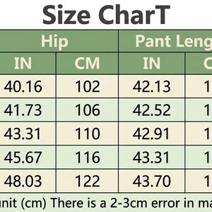 May include: Size chart for pants, showing waist, hip, and pant length measurements in inches and centimeters. The chart includes sizes XS to XL. A woman is wearing the pants in the image. The text at the bottom says, "Tile measurement unit (cm) There is a 2-3cm error in manual measurement."