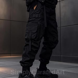 May include: Black cargo pants with multiple pockets, straps, and a belt. The pants have a modern, urban design with a relaxed fit. The image shows the pants from the waist down, showcasing the details of the pockets and the overall style.