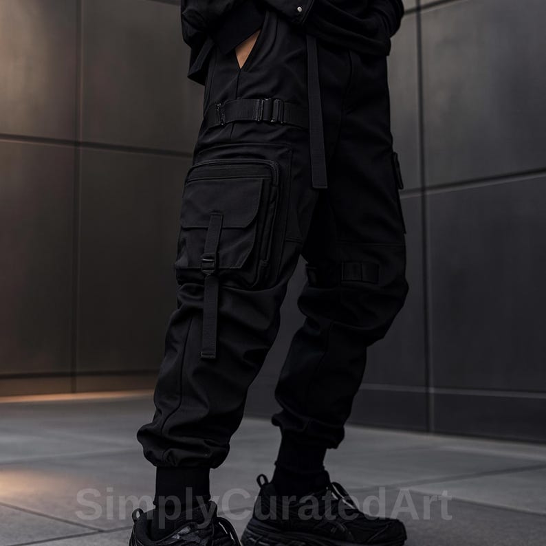 May include: Black cargo pants with multiple pockets, straps, and a belt. The pants have a modern, urban design with a relaxed fit. The image shows the pants from the waist down, showcasing the details of the pockets and the overall style.
