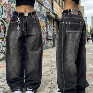 Pantalones vaqueros anchos negros / Pantalones estilo hip hop Harajuku Y2K / Ropa urbana de pierna ancha para mujer / Vaqueros anchos estampados / Vaqueros retro informales de corte holgado