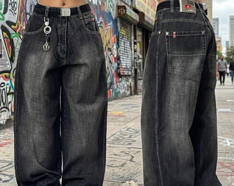 Oversized zwarte baggy jeans | Y2K harajuku hiphopbroek | Streetwear voor dames met wijde pijpen | Baggy denim met print | Retro casual loose-fit jeans