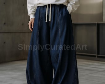 Mens Wide Leg Denim Pants Loose Straight Jeans with Drawstring Waist Oversized Baggy Y2K Streetwear Trousers for Casual Urban Style