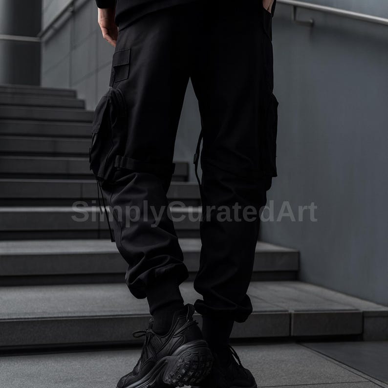 May include: Black cargo pants with multiple pockets and a drawstring detail. The pants are worn with black sneakers. The image is taken in front of a gray staircase.