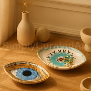 Ceramic Jewelry Storage Tray | Evil Eye Trinket Dish | Ceramic Ring Holder Plate | Earring, Key, Coin Organizer | Home Decor Gift