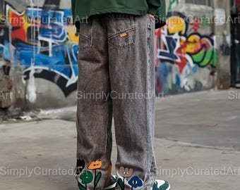Mens Y2K Flower Printed Baggy Jeans | Vintage Wide Leg Denim Trousers for Casual Streetwear | Perfect Gift for Him | Gift For Him