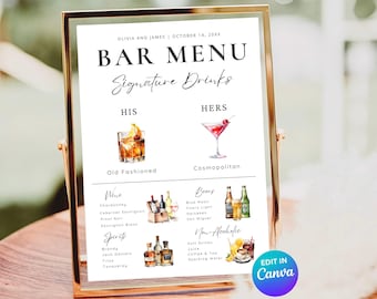 Bar Menu, Wedding Bar Menu, Signature Drink sign, Bar Menu Template, His And Hers Drinks, Edit with Canva, Wedding drink Menu, Bar Menu sign