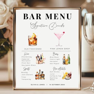 Bar Menü Vorlage, Hochzeit Bar Menü, Signatur Getränke schild, Menu Schild, Seine und Ihre Getränke, Bearbeitung mit Canva, Hochzeit Getränkekarte, Bar Menü Schild