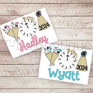 UPDATED! 2026 Happy New Year Embroidered Shirt Girls Boys Party Hats Good Bye NYE Eve Day Ball Clock Countdown Sketch - FREE Personalization