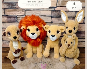 Safari Amigurumi Häkelanleitung - Löwe, Känguru, Erdmännchen Bündel (PDF Download)