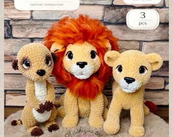 Safari Häkelanleitungspaket – Löwe, Babylöwe, Erdmännchen Amigurumi (PDF Download)
