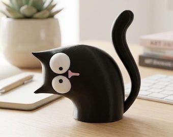 3D Printed Black Cat Figurine, Wide-Eyed Cartoon Desk Decor, Animal Collectible, Office Accent