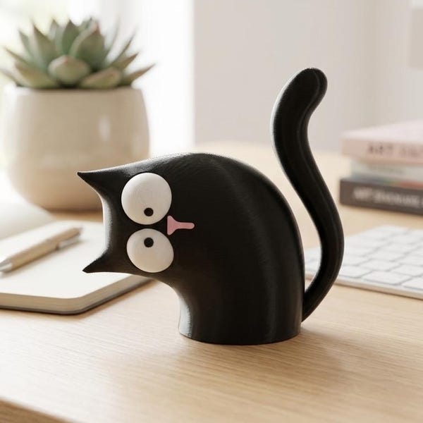 3D Printed Black Cat Figurine, Wide-Eyed Cartoon Desk Decor, Animal Collectible, Office Accent