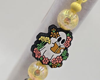 Yellow ghost bookmark- metal bookmark with silicone ghost bead- halloween book mark - spooky season bookmark - beaded bookmark
