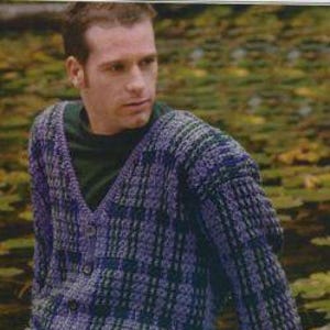 May include: A blue and green plaid cardigan with a V-neck and button closure.