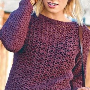 Può includere: Un maglione color porpora lavorato a uncinetto con un delicato motivo traforato. Il maglione ha maniche lunghe e una vestibilità rilassata.