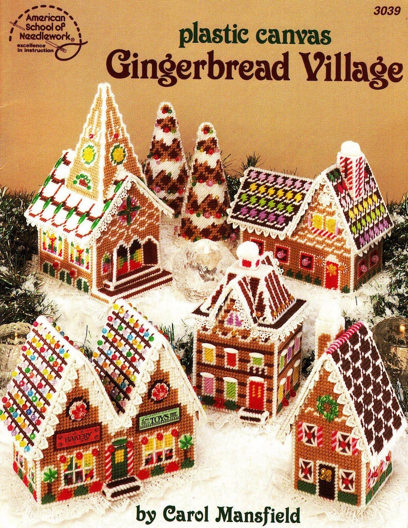 Plastic Canvas Gingerbread House Village Pattern – Christmas Holiday Decor, Candy House Ornaments, Plastic Canvas PDF image 1